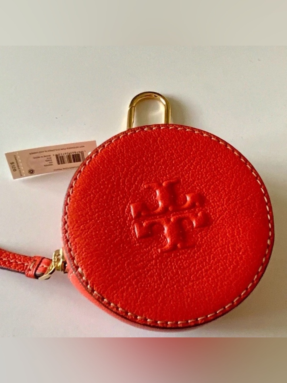 Tory Burch Round Embossed Leather Coin Case in Bright Orange-Red
